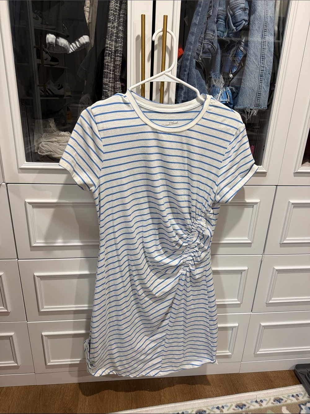 Universal Thread White & Light Blue Striped Side-Ruched Mini Dress